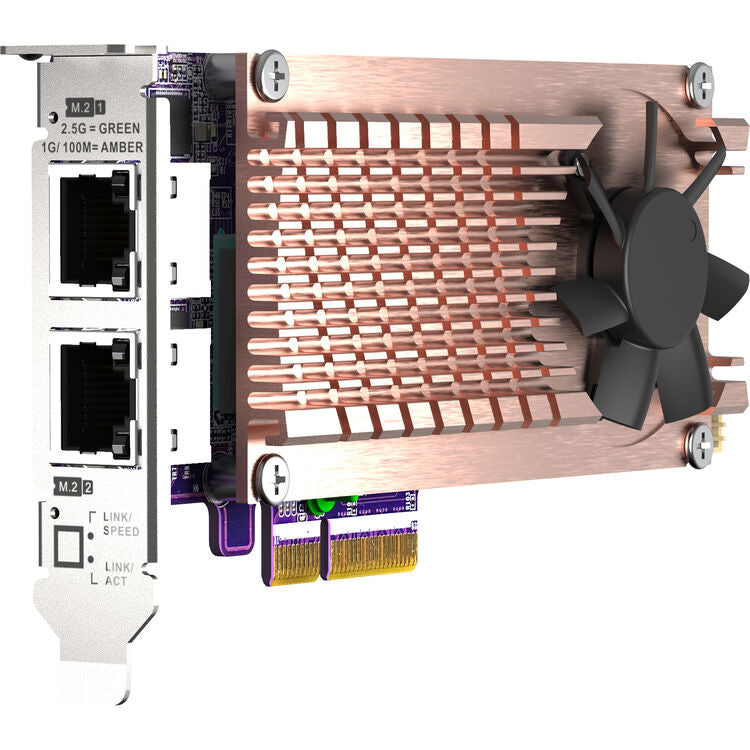 Computer network adapter card with copper heat sink and fan on a white background