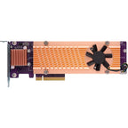 A PCI Express graphics card featuring a large copper heat sink, a black cooling fan, and purple circuit boards on a white background.