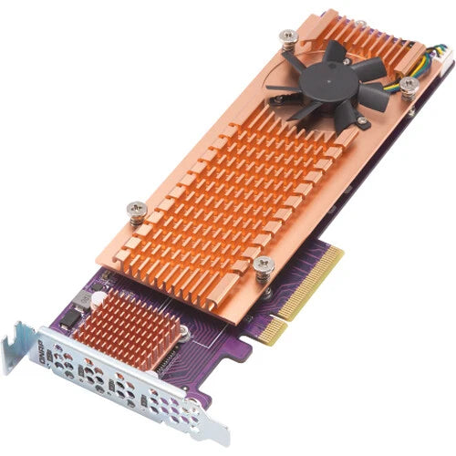 A PCI Express graphics card with a large copper-colored heatsink, a small black cooling fan, purple circuitry, and a silver metal bracket on a plain white background.