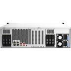 Server rack with multiple drive bays and network ports on a white background