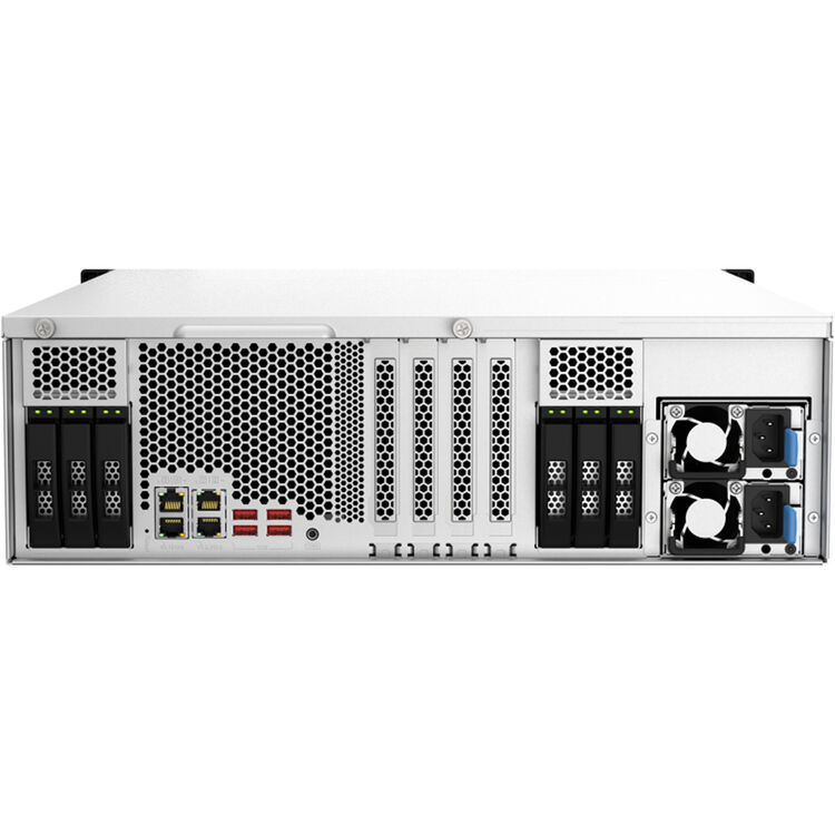 Server rack with multiple drive bays and network ports on a white background