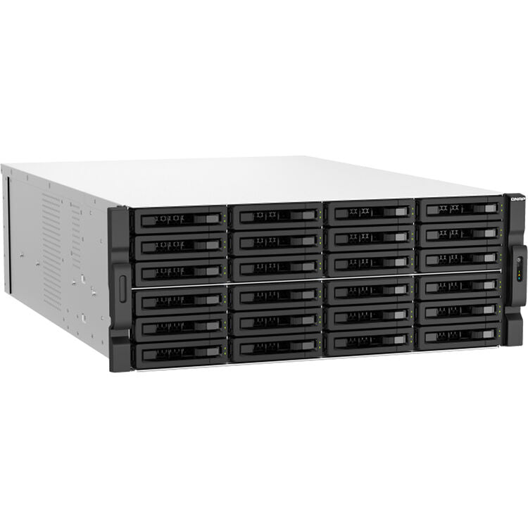 A 16-drive enterprise server rack with a silver chassis and black front bays, shown from a three-quarter angle on a white background.