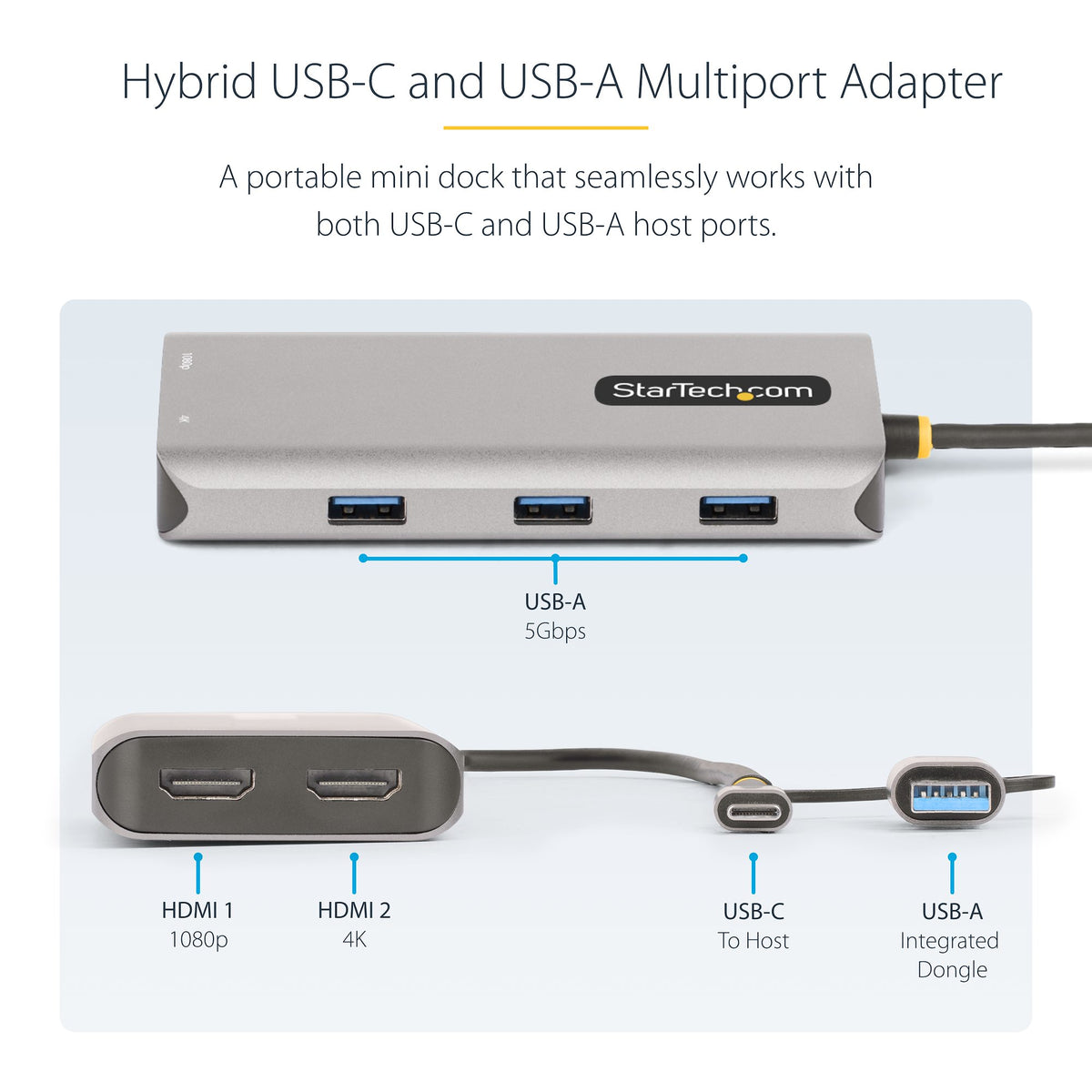 StarTech 167B-USBC-MULTIPORT Dual HDMI USB-C/A Multiport Adapter – 3-Year Warranty showing the compact adapter from a side