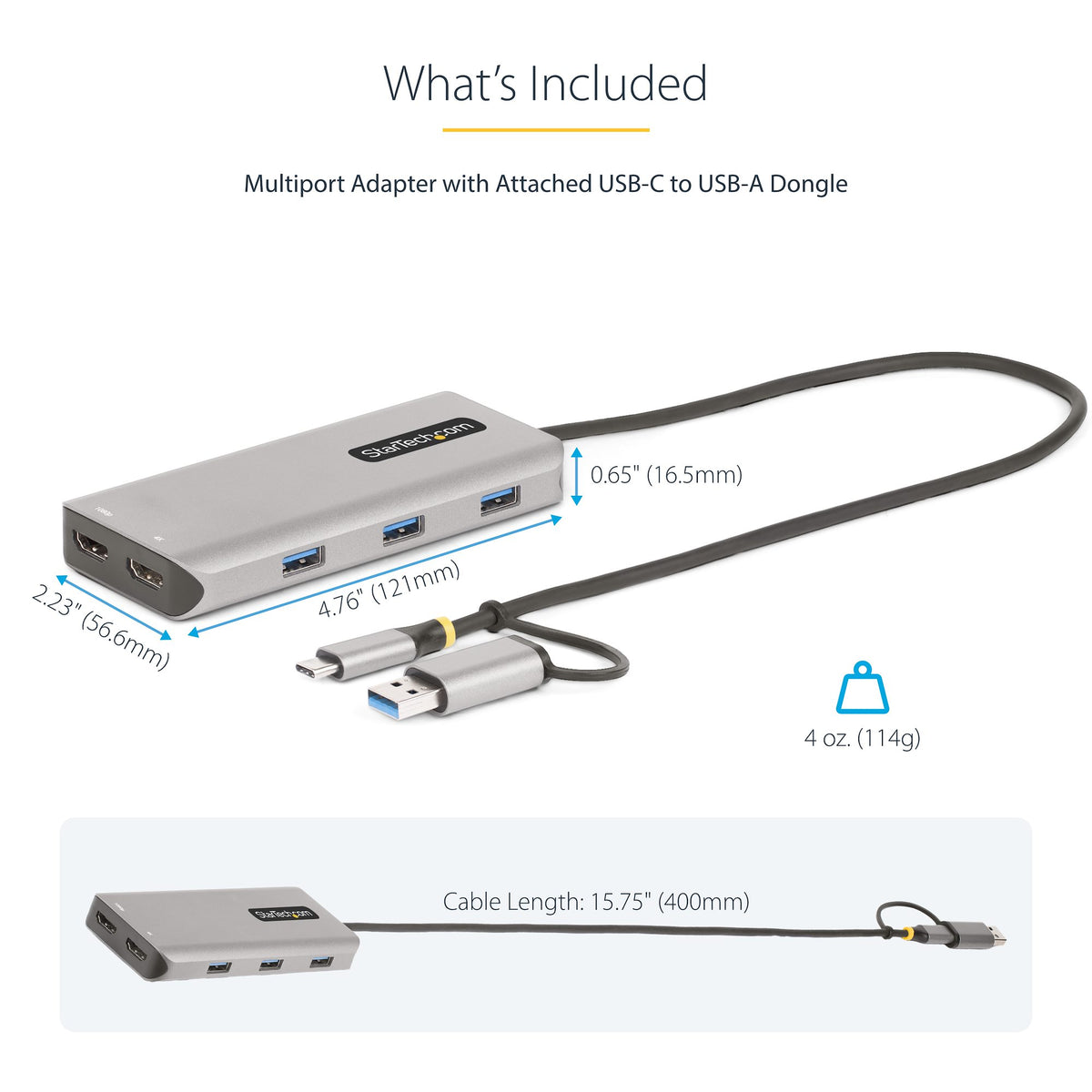 StarTech 167B-USBC-MULTIPORT Dual HDMI USB-C/A Multiport Adapter front view showing ports