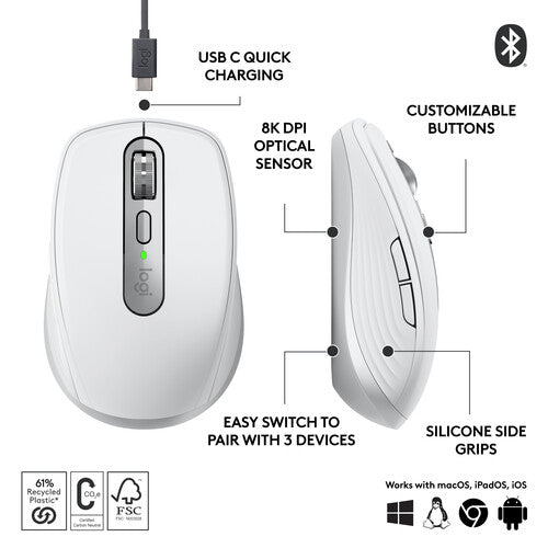 Logitech Master Series MX Anywhere 3S 8000 DPI Compact Wireless Mouse - Pale Grey