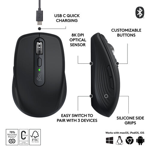 Logitech Master Series MX Anywhere 3S 8000 DPI Compact Wireless Mouse - Graphite