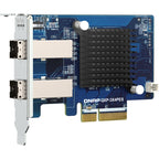 A QNAP QXP-3X4PES 4-port 10Gb/s Ethernet card with a blue PCB, black heatsink, gold PCIe connector, and silver metal bracket with two RJ45 ports.
