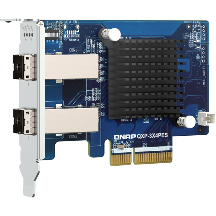 A QNAP QXP-3X4PES 4-port 10Gb/s Ethernet card with a blue PCB, black heatsink, gold PCIe connector, and silver metal bracket with two RJ45 ports.