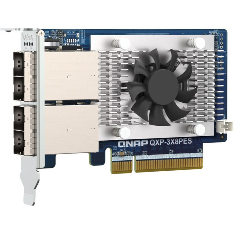 A QNAP QXP-3X8PES 4Gb Ethernet card with dual SFP ports, a white heat sink, and a black cooling fan on a blue PCB.