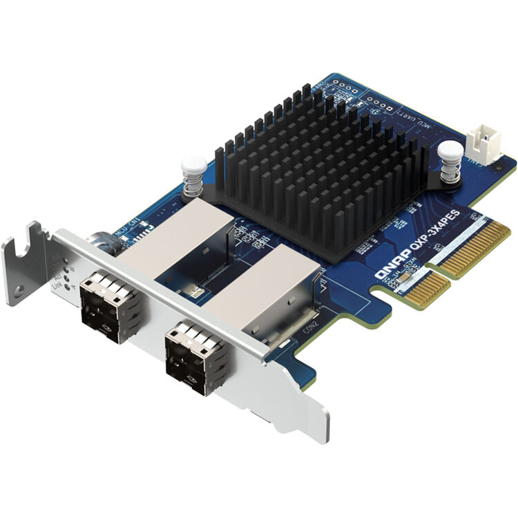 A CN224P Q30G 4-Channel PCIe 4x10 Gigabit Ethernet card with a blue PCB, black heatsink, white metal bracket, and gold-plated PCIe connector, shown on a white background.