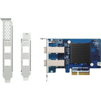 A blue QNAP QXP-3X4PES 2-port PCIe expansion card shown with two silver metal bracket adapters on a plain white background.