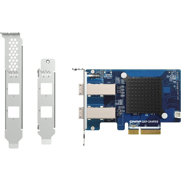 A blue QNAP QXP-3X4PES 2-port PCIe expansion card shown with two silver metal bracket adapters on a plain white background.