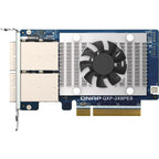 QNAP QXP-3X8PES 2Gb Ethernet card with dual RJ45 ports, a central cooling fan, and a white heatsink on a blue PCB.