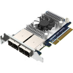 A 2-port QSFP Ethernet card with a dual fan heatsink, silver metal bracket, and gold PCI Express connector, shown on a white background.