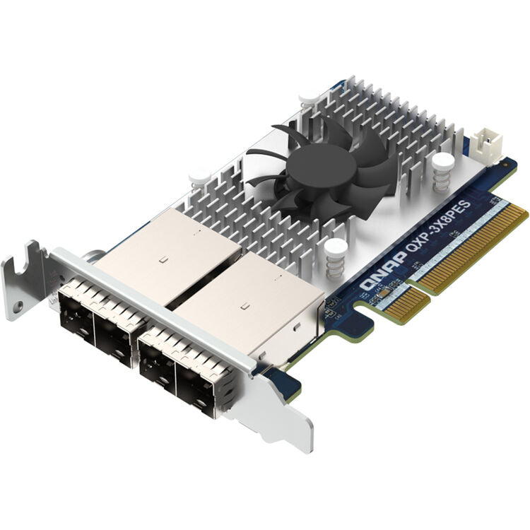 A 2-port QSFP Ethernet card with a dual fan heatsink, silver metal bracket, and gold PCI Express connector, shown on a white background.
