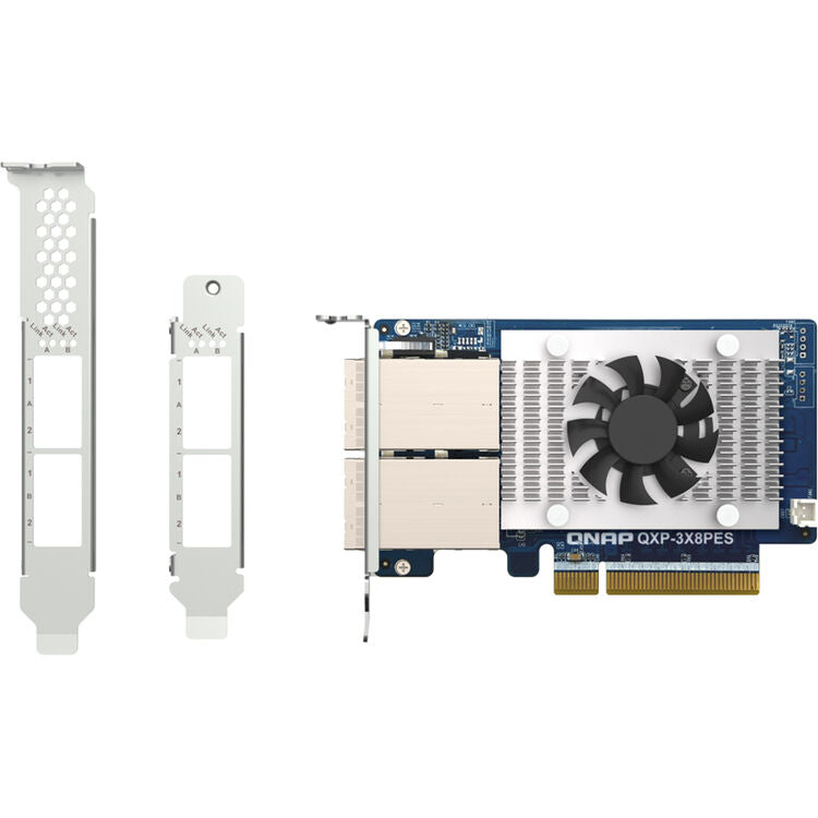 A QNAP QXP-3X8PES 4-port 10Gb Ethernet switch module shown with its two white metal bracket adapters on a plain white background.