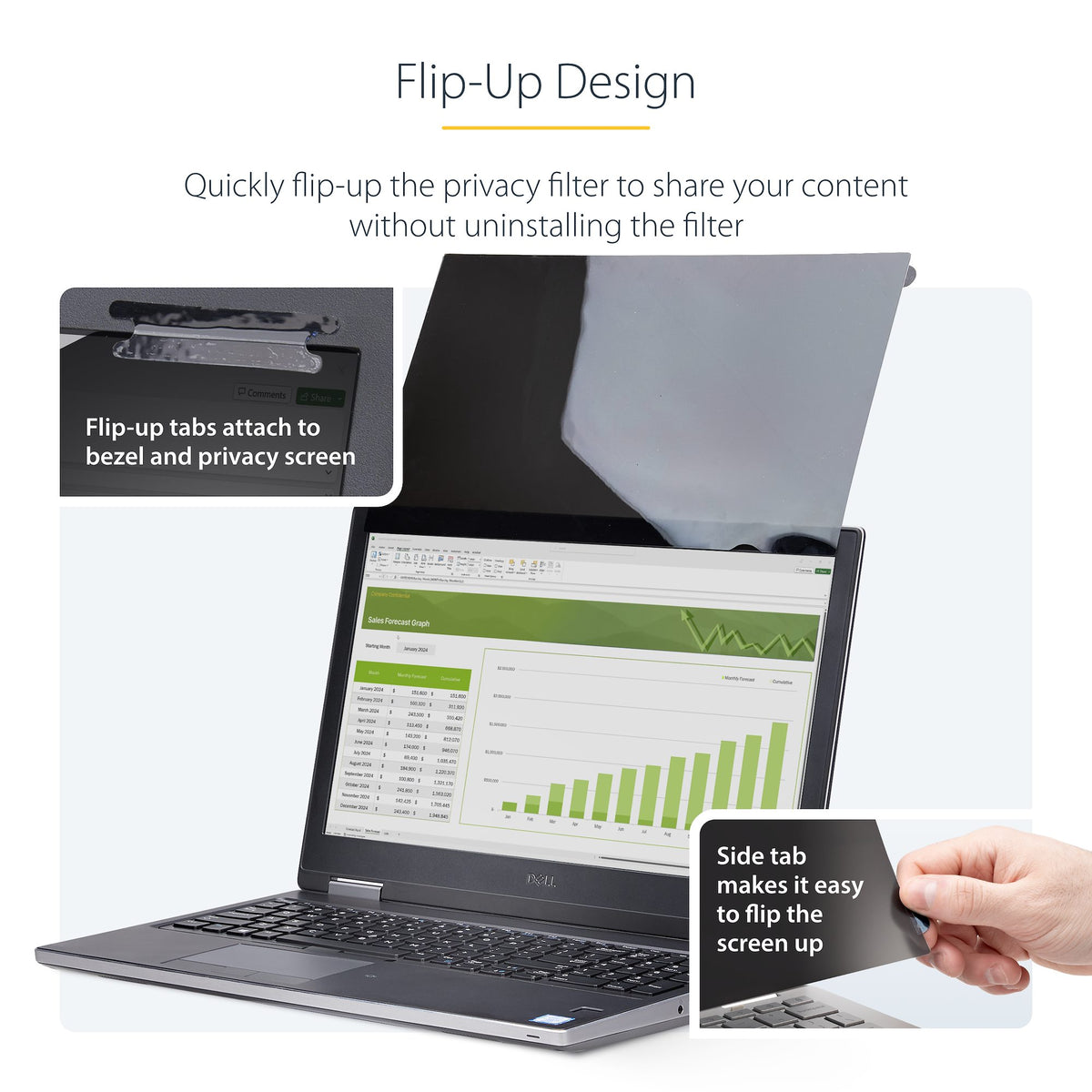 StarTech 16LT6-PRIVACY-SCREEN 16-Inch 16:10 Flip-Up Touch Privacy Screen attached to a laptop in its closed position