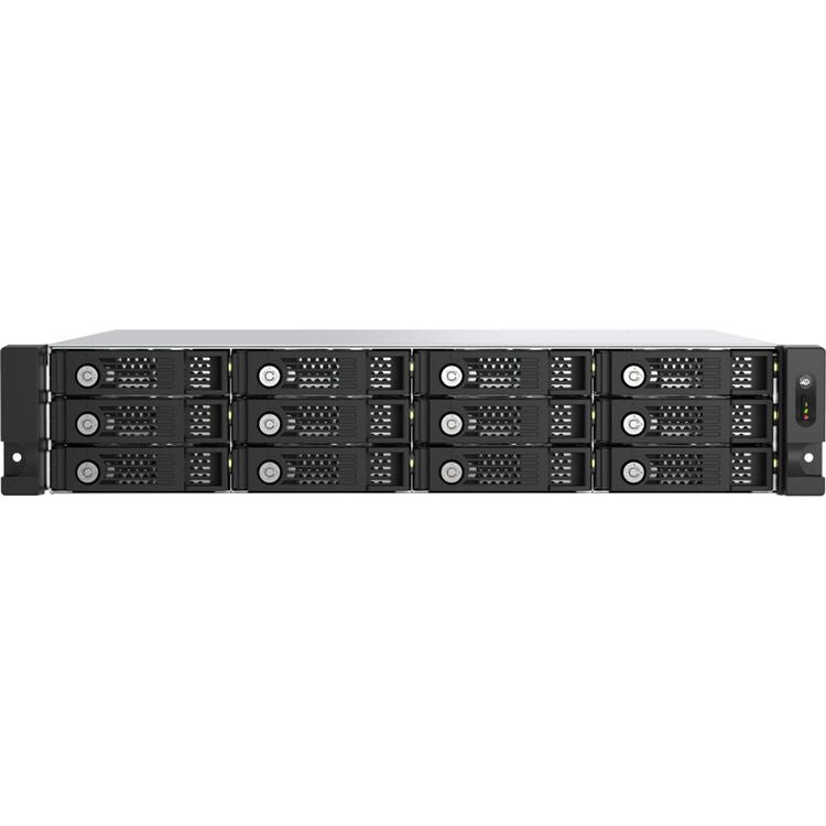 A horizontal black rack-mounted server or storage enclosure with multiple front drive bays, photographed on a plain white background.