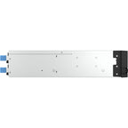 A silver metal electronic module or server component with a black connector housing on the right and blue connector ports on the left, shown against a plain white background.