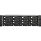 A black 1U rack-mount server storage array with 16 drive bays arranged in four rows of four, shown against a plain white background.