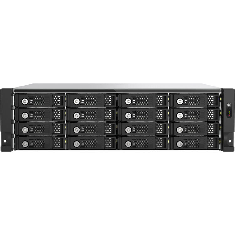 A black 1U rack-mount server storage array with 16 drive bays arranged in four rows of four, shown against a plain white background.