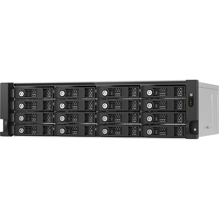 Server rack with multiple hard drive bays on a white background