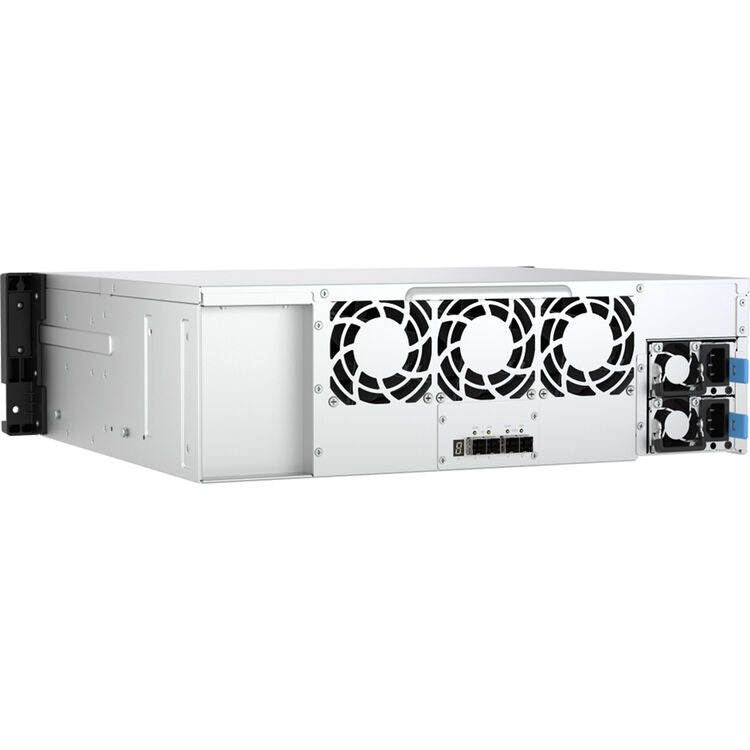 Server rack with fans and connectivity ports on a white background