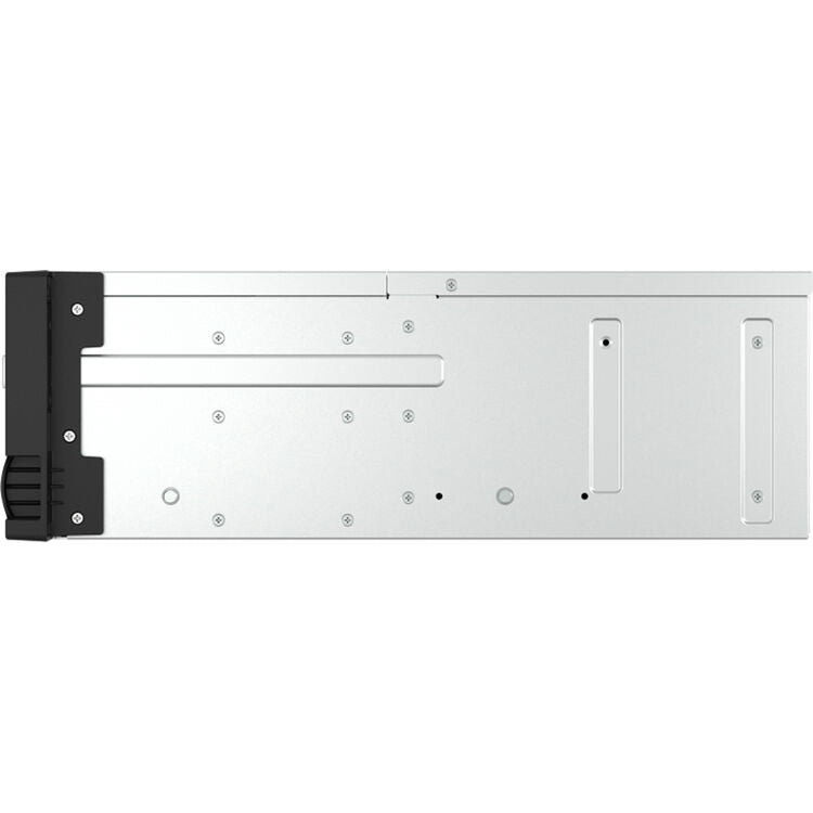 A silver metal server chassis or enclosure panel with pre-drilled screw holes and a black mounting bracket on the left side, shown against a plain white background.