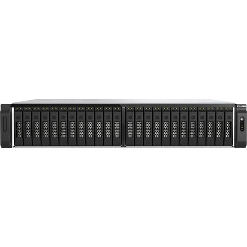 Black server rack with multiple drive bays on a white background