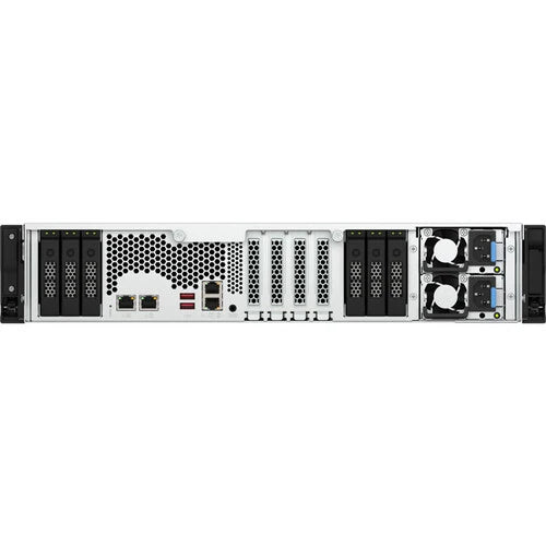 Front view of a white and black enterprise server rack with multiple drive bays, network ports, and cooling fans on a plain white background.