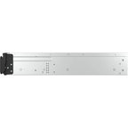 A silver metal server rack module with a black latch mechanism on the left side, shown horizontally against a plain white background.