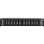 Black server rack with multiple drive bays on a white background