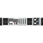 Front view of a white and black enterprise server rack with multiple drive bays, network ports, and cooling fans on a plain white background.