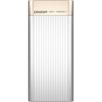 A QNAP external USB 3.0 SSD enclosure in a brushed silver aluminum finish with a champagne gold top panel, shown against a plain white background.