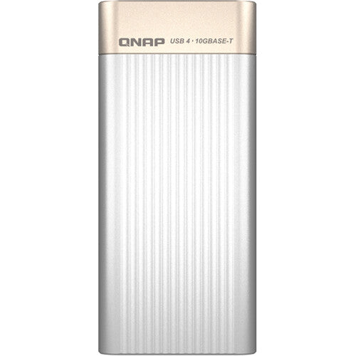 A QNAP external USB 3.0 SSD enclosure in a brushed silver aluminum finish with a champagne gold top panel, shown against a plain white background.