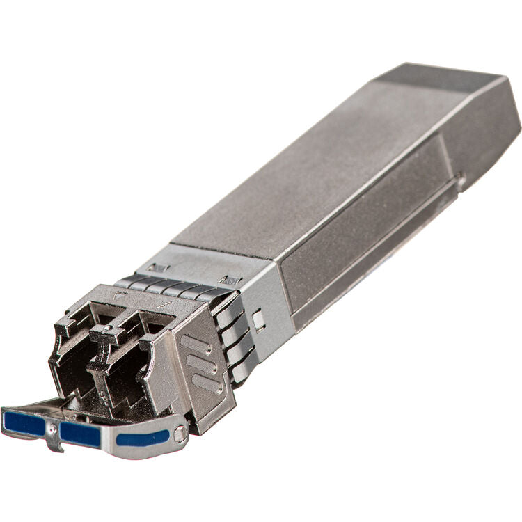 An SFP optical module with a silver metal housing and a blue RJ45 connector, shown on a plain white background.
