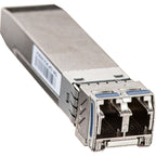 An SFP optical transceiver module with a silver metal housing, a white barcode label, and a blue accent ring around the port, shown on a white background.