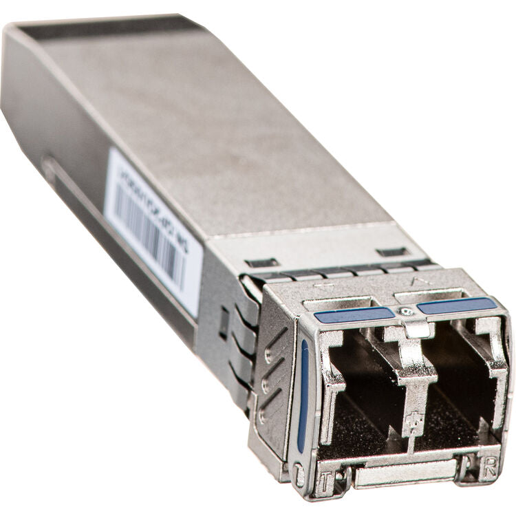 An SFP optical transceiver module with a silver metal housing, a white barcode label, and a blue accent ring around the port, shown on a white background.