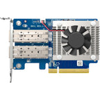 A blue PCIe graphics card with dual silver metal heat sinks, a black cooling fan, gold PCI Express connectors, and a silver metal bracket, shown on a plain white background.