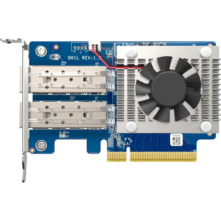 A blue PCIe graphics card with dual silver metal heat sinks, a black cooling fan, gold PCI Express connectors, and a silver metal bracket, shown on a plain white background.