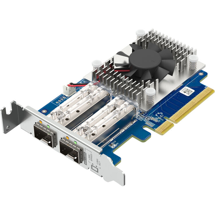 A 4-port fiber optic switch card with a blue printed circuit board, silver metal chassis, a black cooling fan with a silver heatsink, and gold-plated PCI Express connectors, shown on a solid white background.