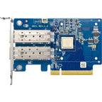 A blue PCI-e network card with three silver fiber-optic modules on the left, a central processor chip, and a gold PCI-e connector at the bottom, shown on a plain white background.