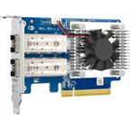 A blue and silver 4-port QSFP100 networking card with a black cooling fan, shown on a solid white background.