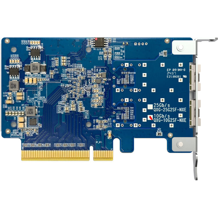 A blue PCI Express network card with gold-plated PCIe connector, silver metal bracket, and white printed technical specifications on a white background.