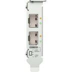 A white dual-port Ethernet network interface card with two RJ45 ports, green and amber LED indicators, and port status labels on a clean white background.