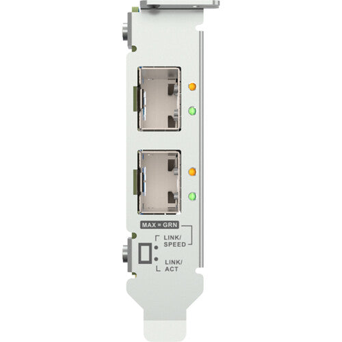 A white dual-port Ethernet network interface card with two RJ45 ports, green and amber LED indicators, and port status labels on a clean white background.