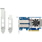 Dell R7.1 4-port PCIe 10Gb Ethernet card with a blue PCB, black cooling fan, gold PCI Express connector, and two white metal bracket kits shown on a white background.