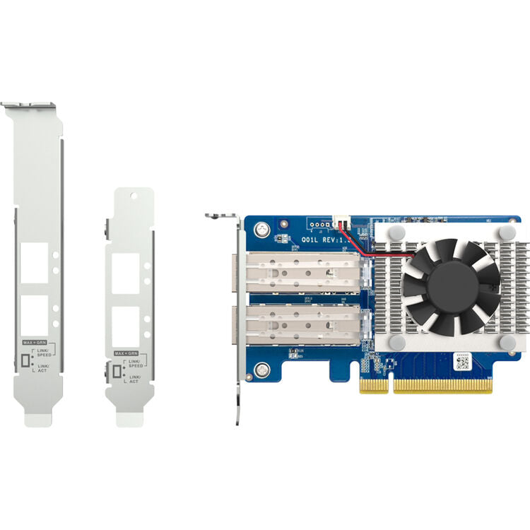 Dell R7.1 4-port PCIe 10Gb Ethernet card with a blue PCB, black cooling fan, gold PCI Express connector, and two white metal bracket kits shown on a white background.