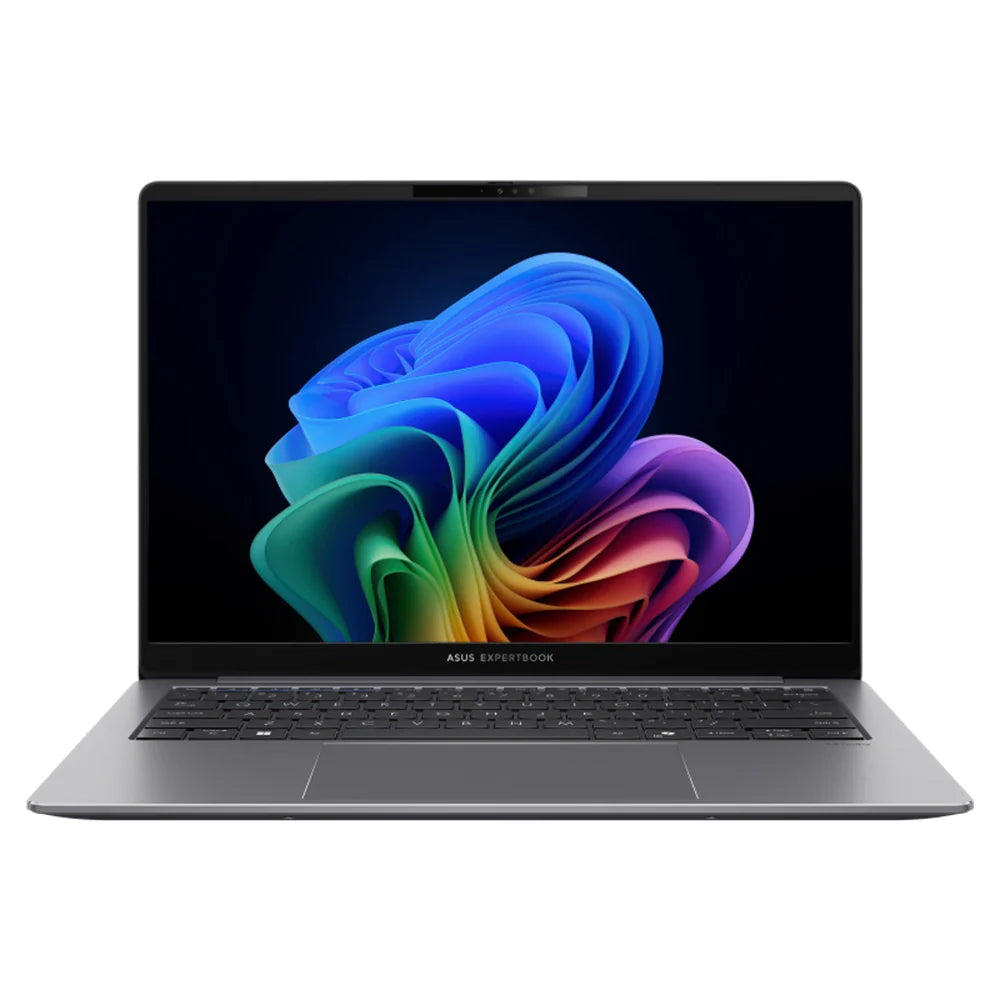 Laptop with a colorful abstract design on the screen against a white background