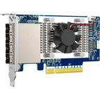 A blue and silver PCIe network card with a black cooling fan, gold PCI Express connector, and multiple black port modules on the left, shown on a plain white background.
